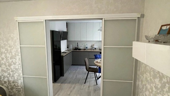 Подвесная раздвижная перегородка Radianz, с матовым стеклом, с доводчиком на кухню, Арт.0186-01